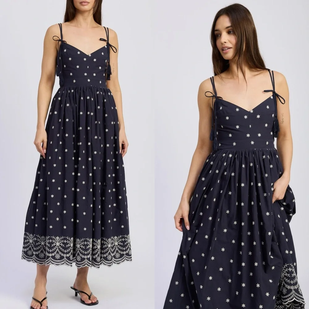 En Saison Nara Cotton Embroidered Tie-Strap Midi Dress - Picture 4 of 16